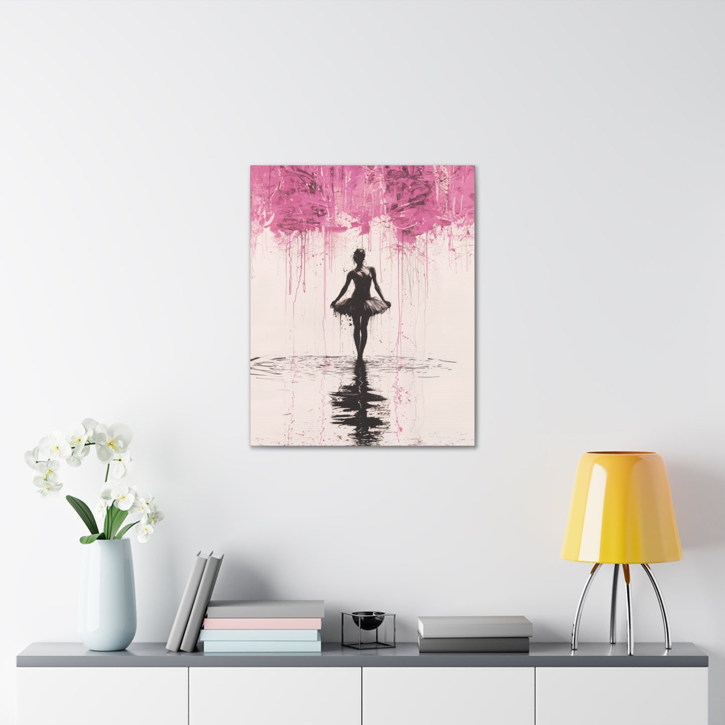 Dreamlike Reverie: Ballerina Dancing Amidst Pink Clouds and Gentle Rain Print on Canvas Gallery - 13 Sizes