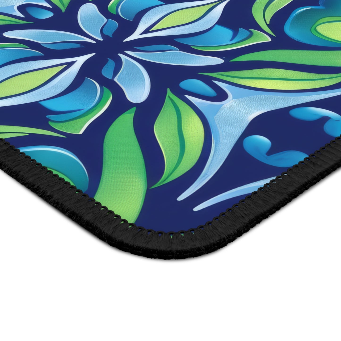 Retro Abstract Blue and Green Floral Pattern Gaming Mouse Pad with Finished Edges