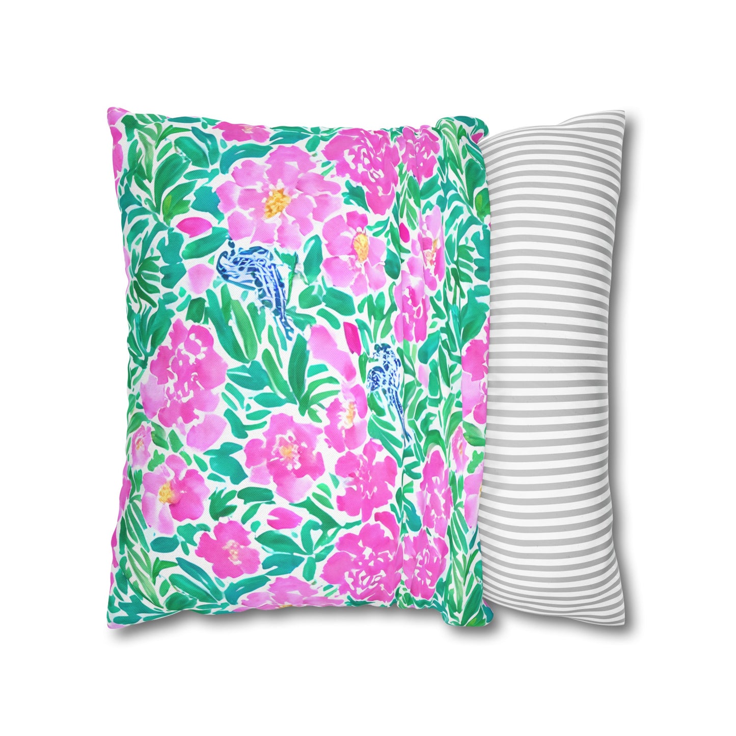 Springtime Whispers: Tiny Birds and Pink Blooms, Subtle Blue Accents, and Lush Green Leaves Spun Polyester Square Pillowcase 4 Sizes