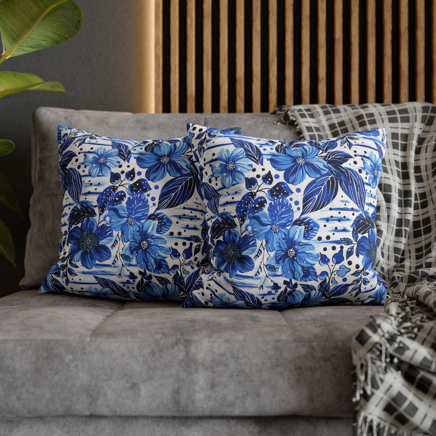 Floral Symphony in Shades of Blue, Harmonized with Abstract Lines Spun Polyester Square Pillowcase 4 Sizes