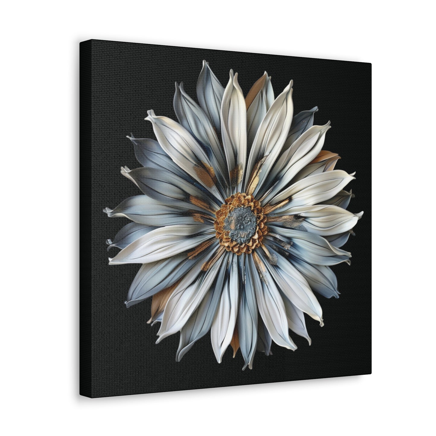 Pale Blue and Gold Sculpted Daisy on Black Background Print on Canvas Gallery Wraps  - 5 Sizes