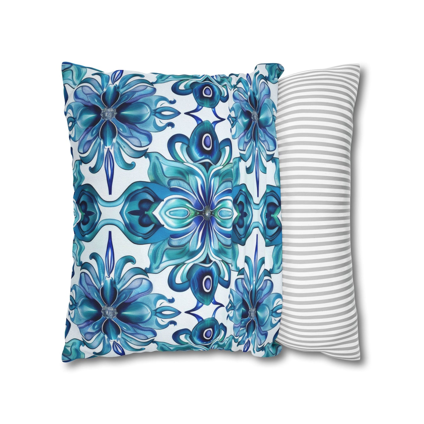 Blossom Symphony of Blue Teal Intricate Floral Pattern Spun Polyester Square Pillowcase 4 Sizes