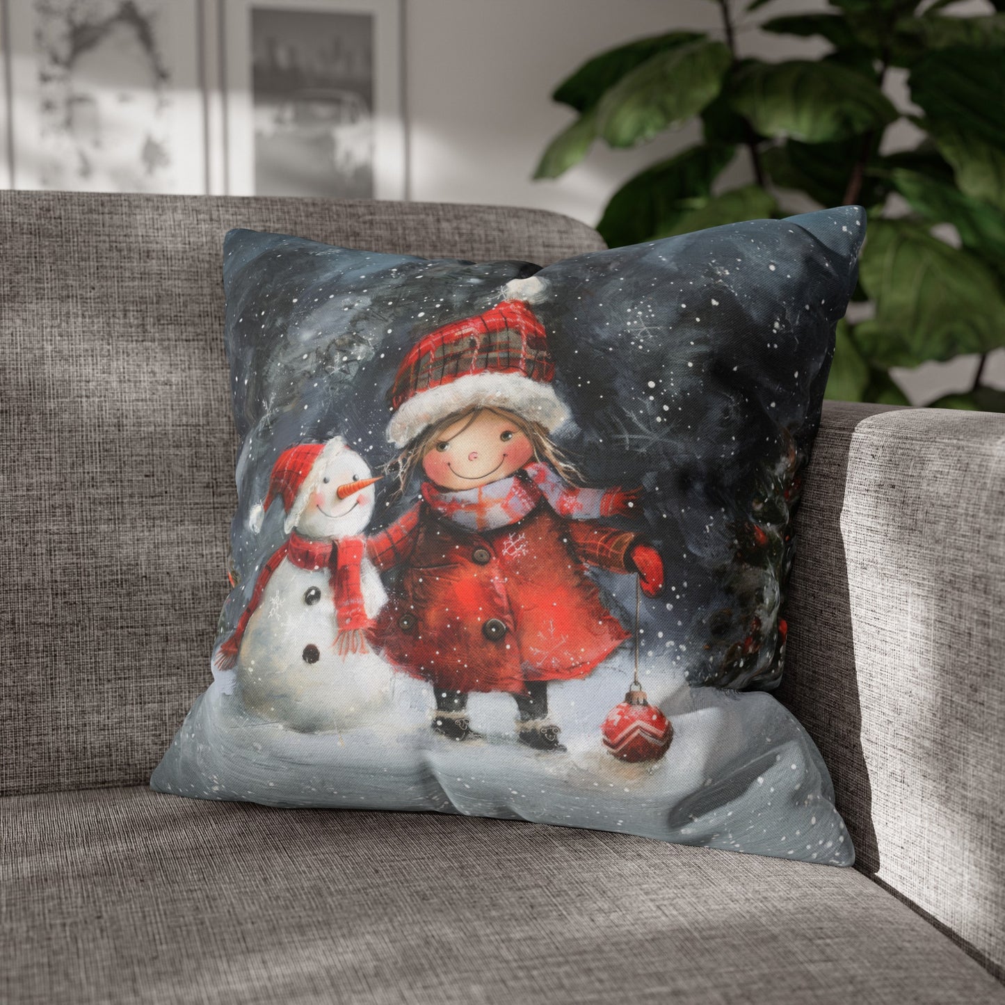 Frosty Friends: Little Girl Standing with Snowman on a Snowy Night Spun Polyester Square Pillowcase 4 Sizes