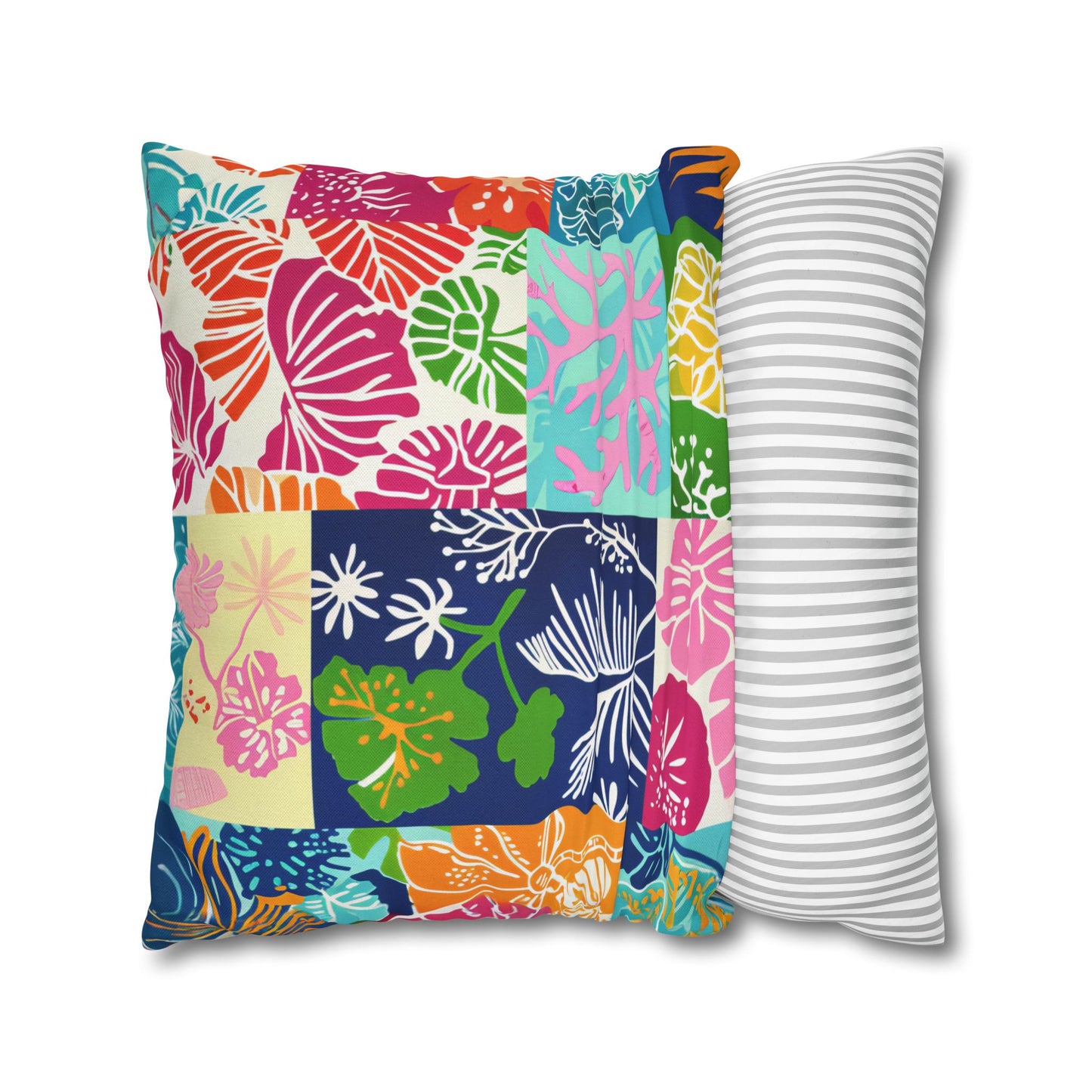 Vibrant Mosaic of Tropical Unique Shapes and Hues, from Vivid Oranges to Deep Blue Leaves and Flowers Spun Polyester Square Pillowcase 4 Sizes