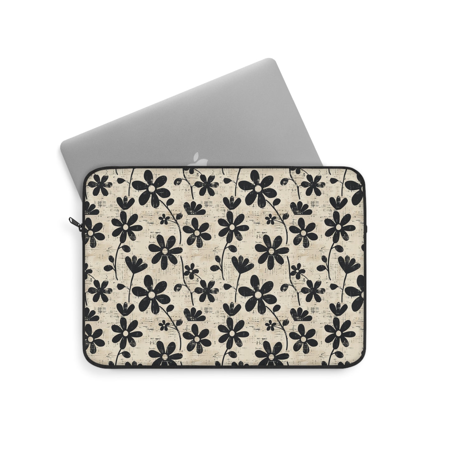 Distressed Black Floral on Beige Background Laptop or Ipad Protective Sleeve 3 Sizes Available