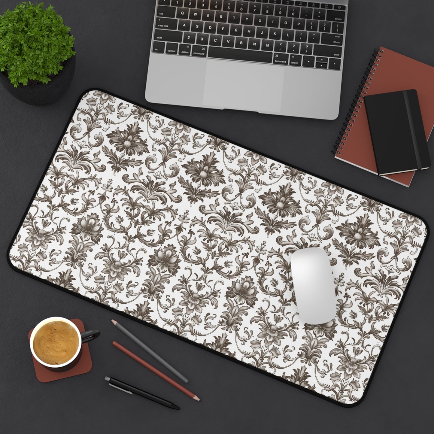 Timeless Rococo Elegance in Detailed Brown and White Floral Pattern Gaming Mouse Pad  Desk Mat  - 3 Sizes