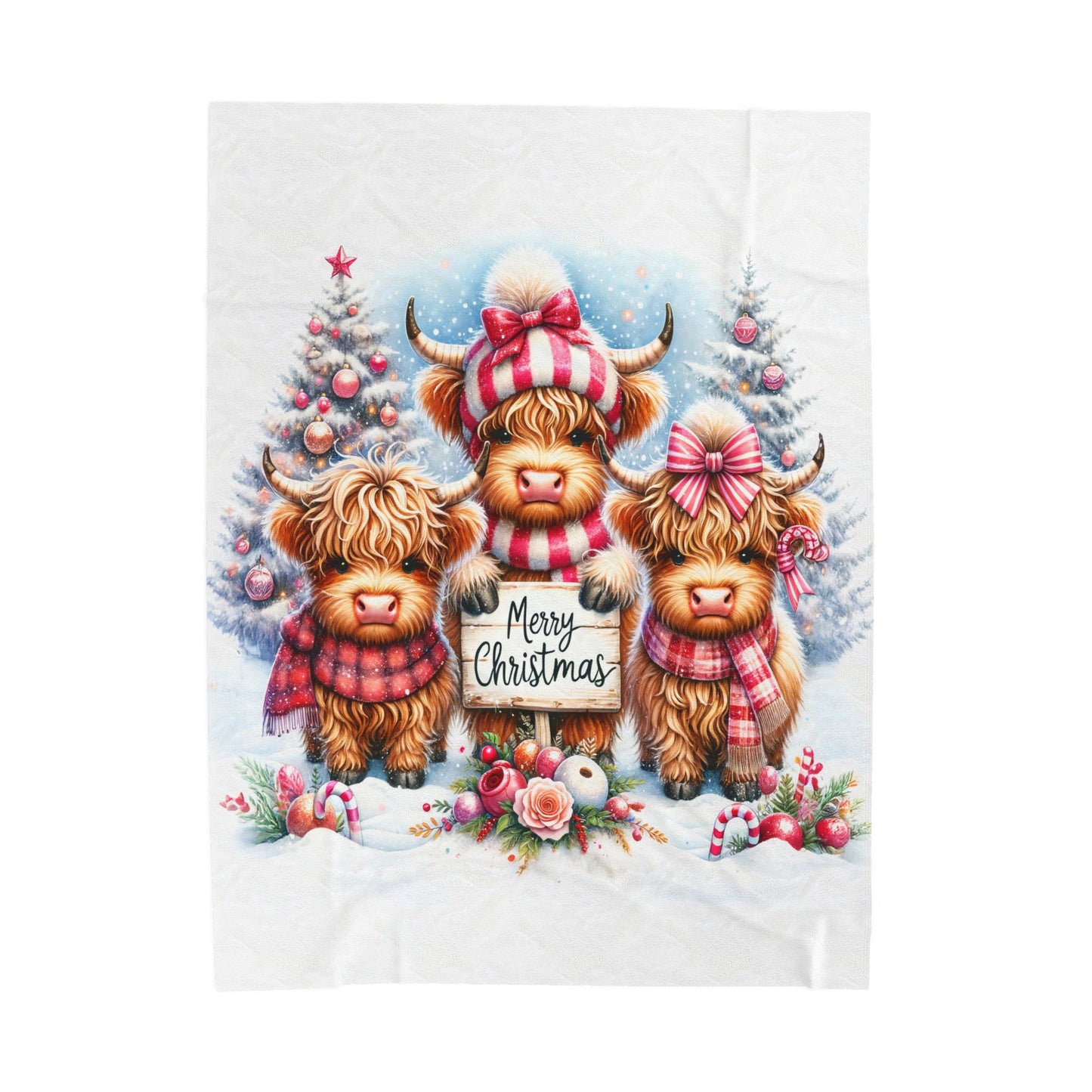 Baby Highland Cows Merry Christmas Peppermint Holiday Velveteen Plush Blanket 3 Sizes