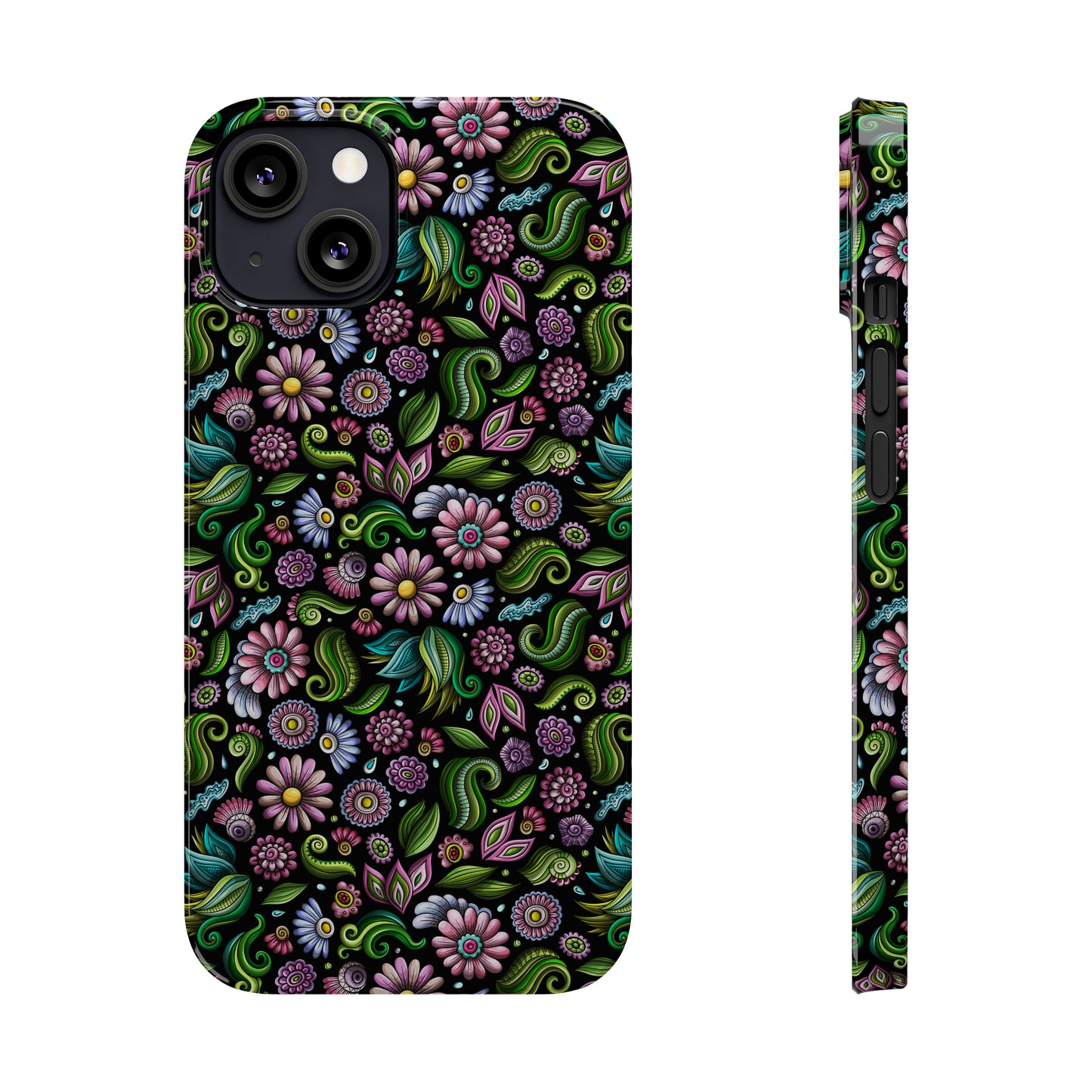 Purple & Pink Daisy Floral Print on Black Background Iphone 15-12 Slim Phone Case