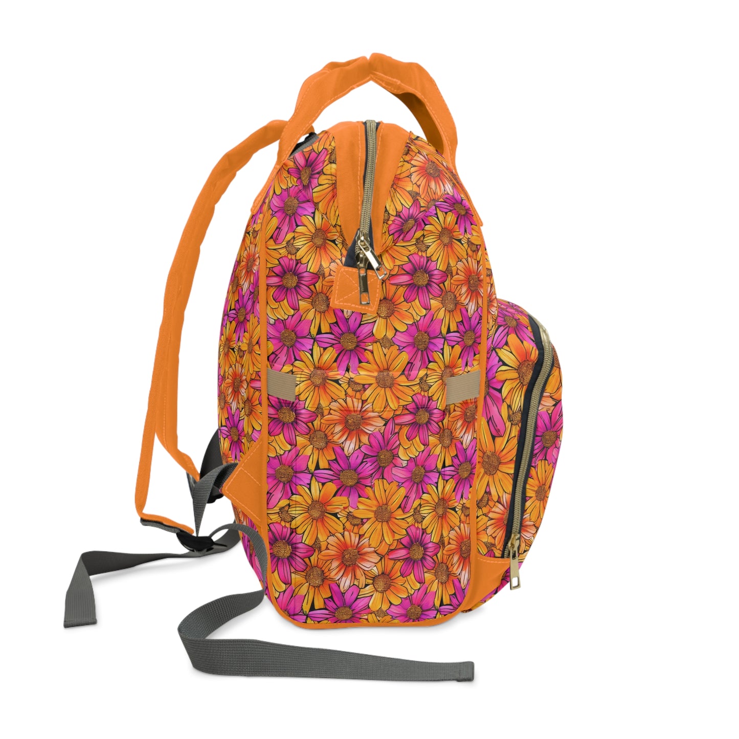 Vibrant Daisy Delight with Bold Orange and Pink Flowers Multifunctional Diaper Backpack