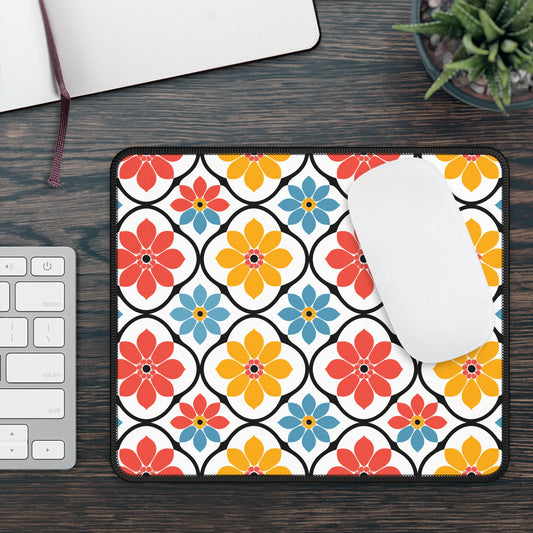 Retro Vintage Flowers in Bold Pink Blue and Orange Gaming Mouse Pad with Finished Edges