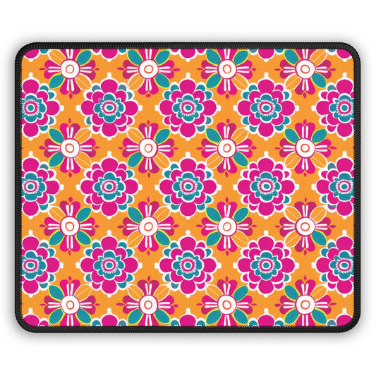 Array of Stylized Floral Motifs in Vivid Pink, Teal, and White Set Against a Warm Orange Backdrop Gaming Mouse Pad with Finished Edges