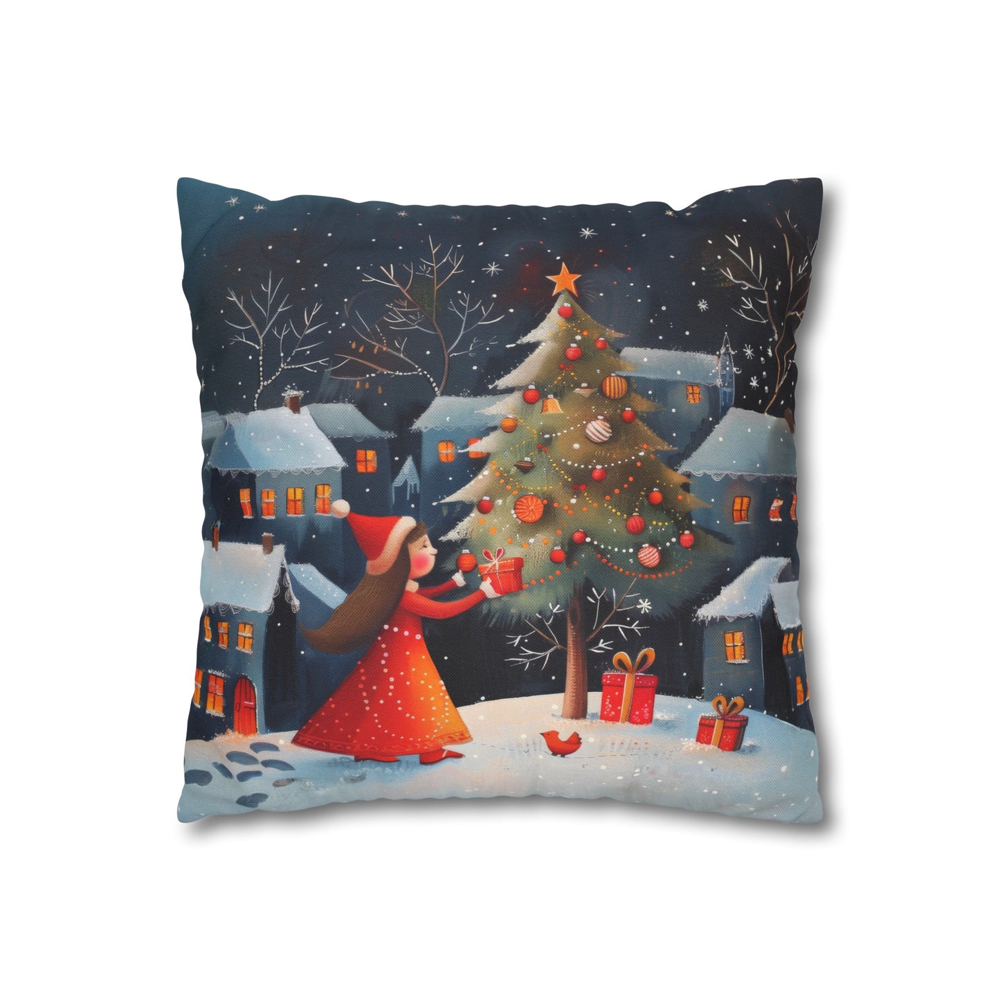 Joyful Surprise: Little Girl Admiring Christmas Tree with Presents Spun Polyester Square Pillowcase 4 Sizes