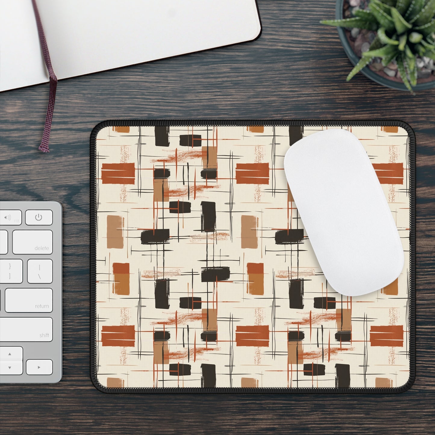 Modern Artistry in Bold and Minimalistic Pattern in a Palette of Black, Dark Orange, and Beige Mouse Pad with Finished Edges