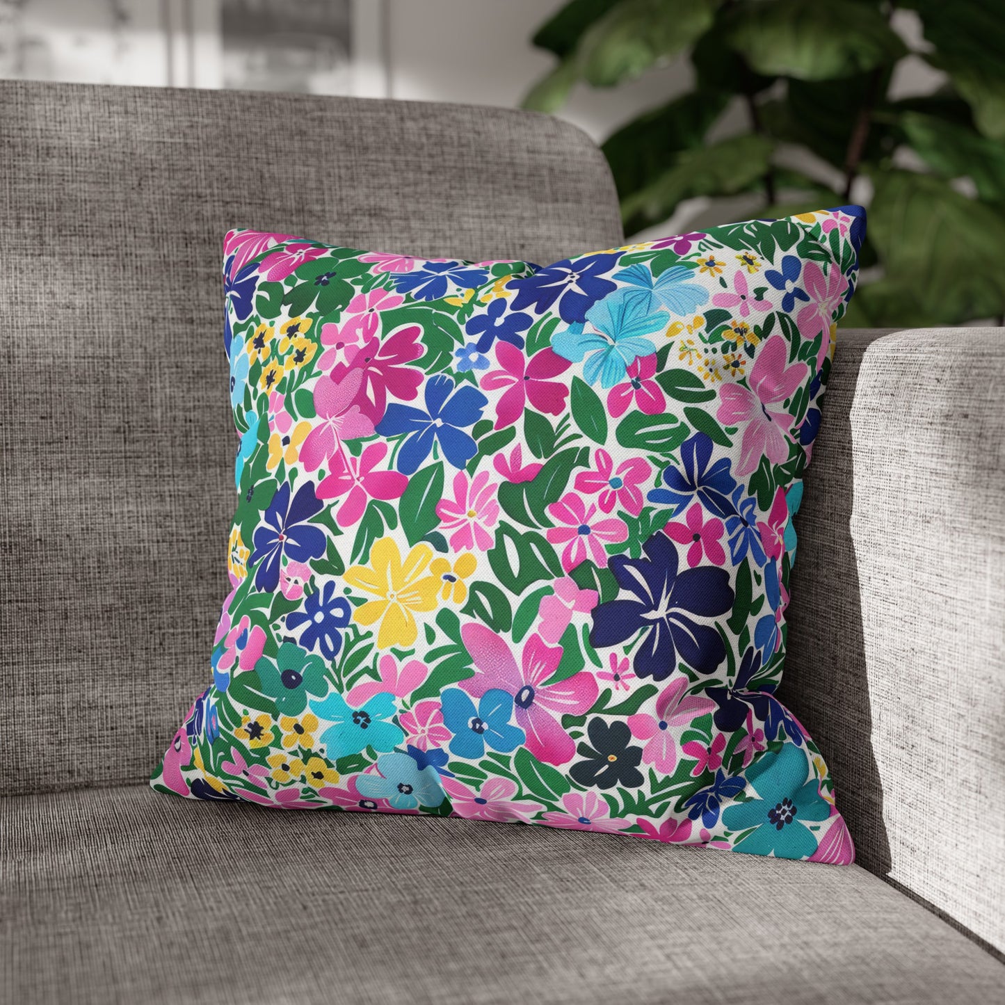 Rainbow Blooms: Vibrant Multi-color Watercolor Flowers in Full Bloom Spun Polyester Square Pillowcase 4 Sizes
