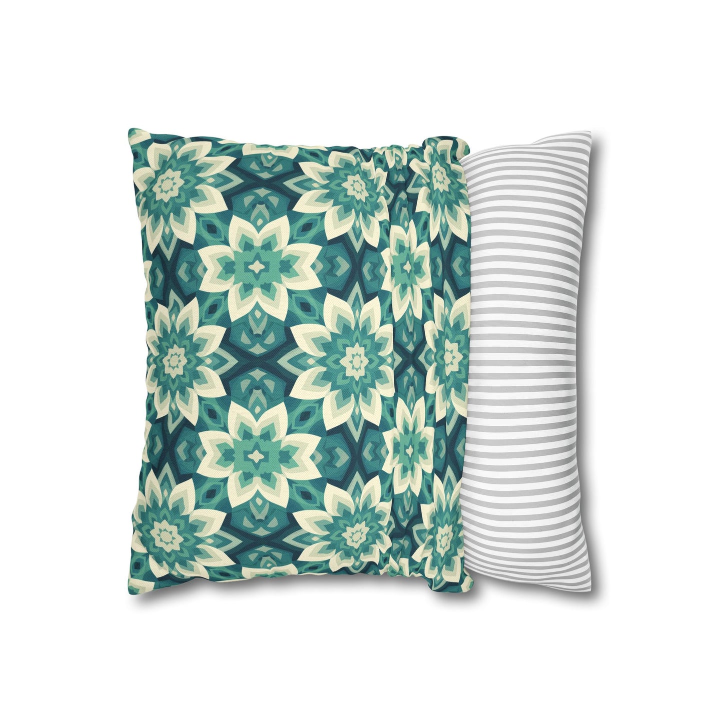 Intricate Aqua and Teal Mandala Floral Pattern Spun Polyester Square Pillowcase 4 Sizes