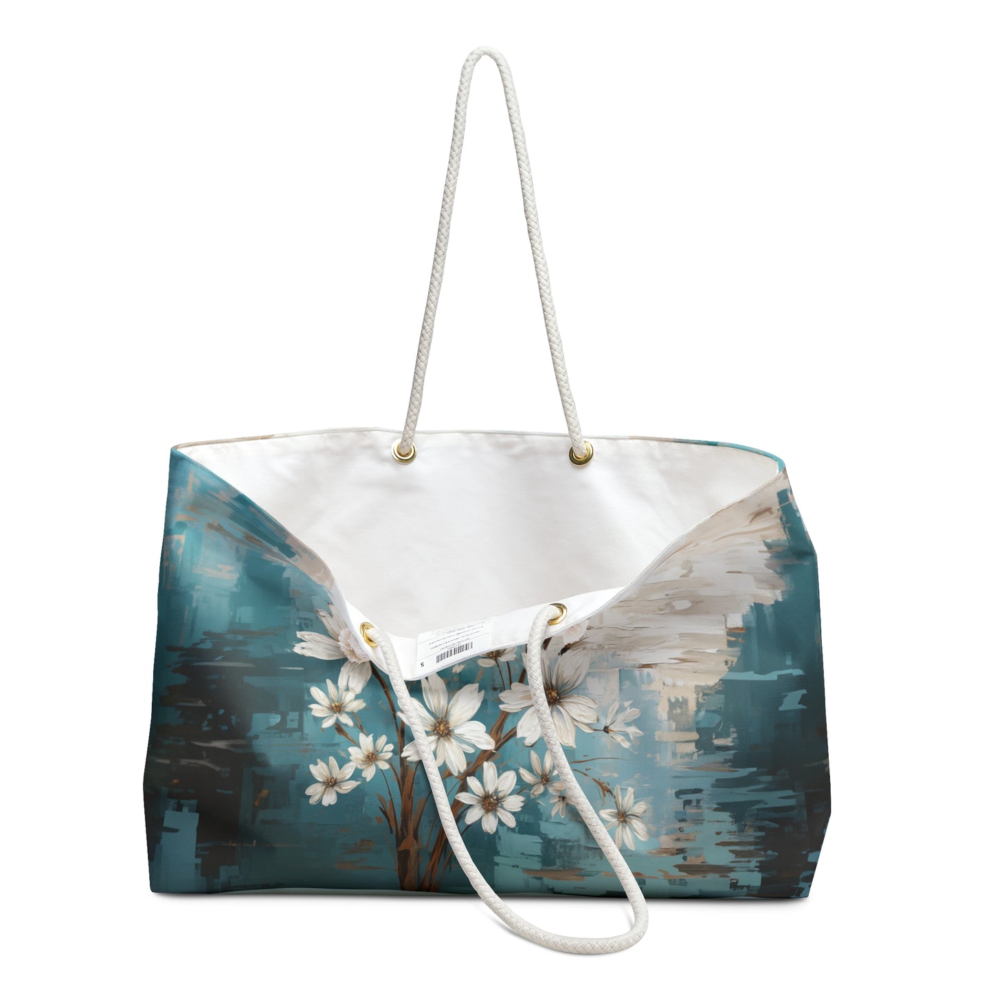 Rustic Farmhouse White and Teal Wild Daisies and Butterflies - Weekender Oversized Canvas Tote Bag 24" × 13"