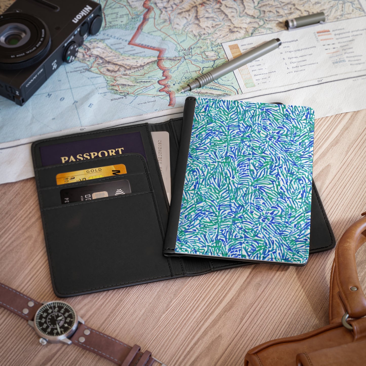 Tropical Fusion: Abstract Palm Leaves in Lime Green and Blue Hues - Passport Cover Faux Leather RFID Blocking