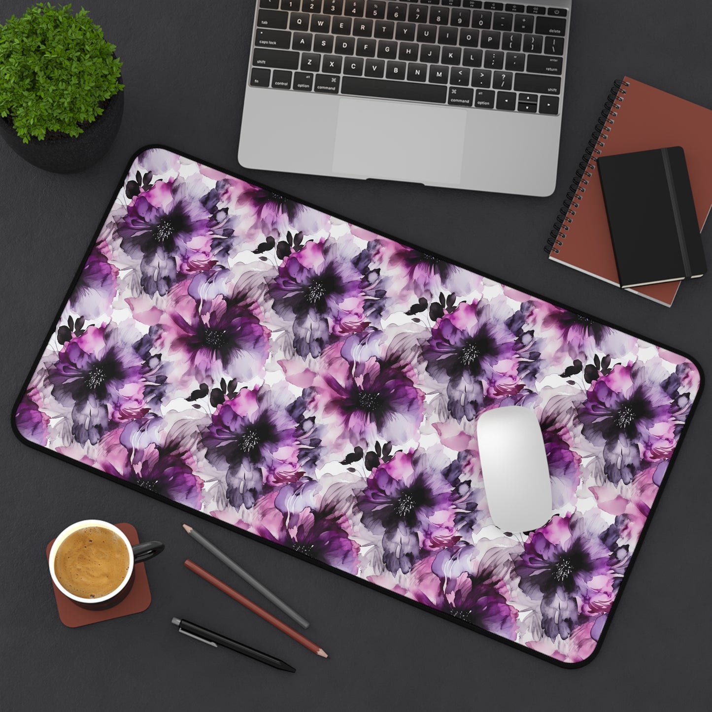 Regal Splendor: Large Purple and Grey Watercolor Flower Design - Desk Mat Extended Gaming Mouse Pad 3 Sizes