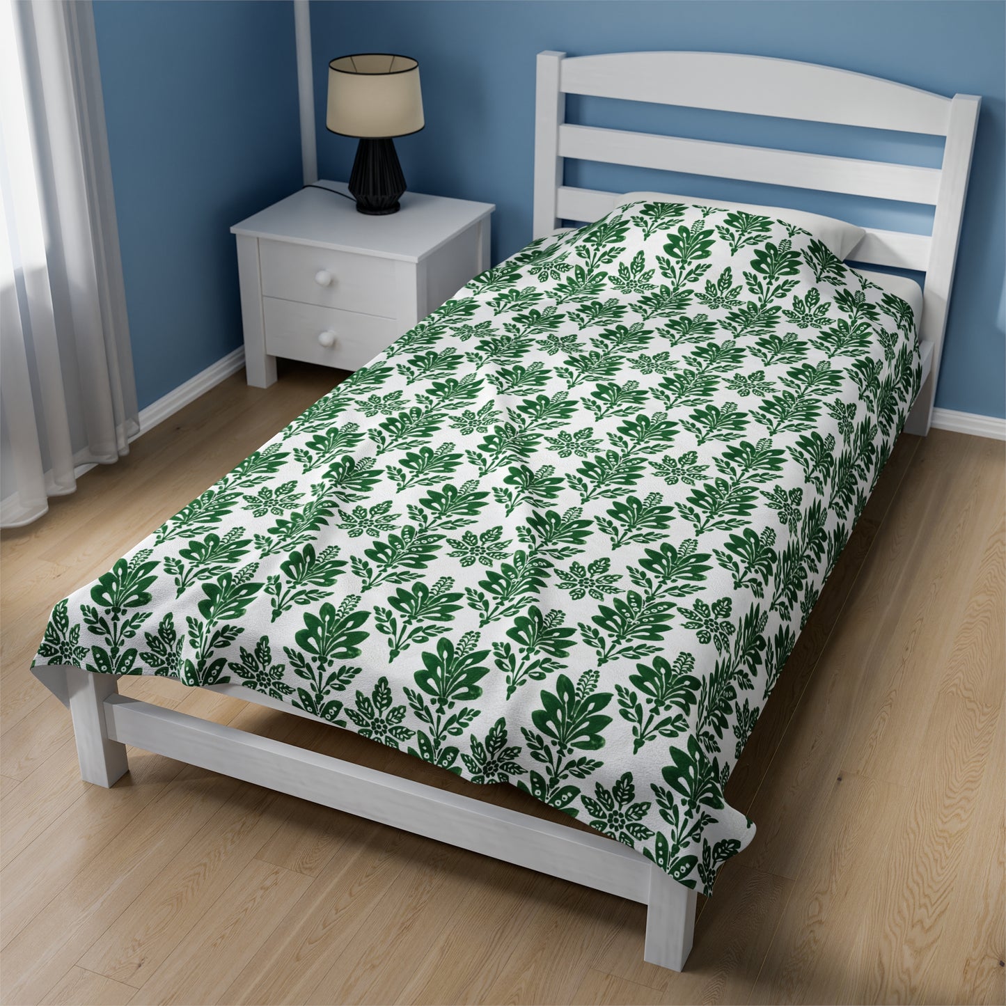 Green Botanical Indian Block Print Pattern Velveteen Plush Blanket 3 Sizes