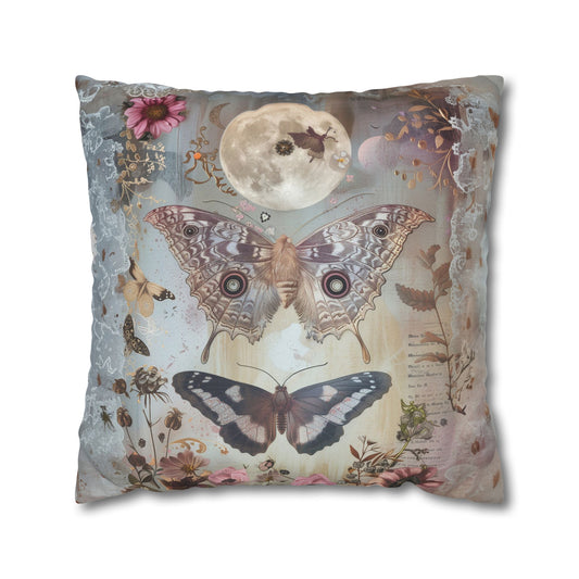 Mystical Moon with Flowers and Butterflies Spun Polyester Square Pillowcase 4 Sizes