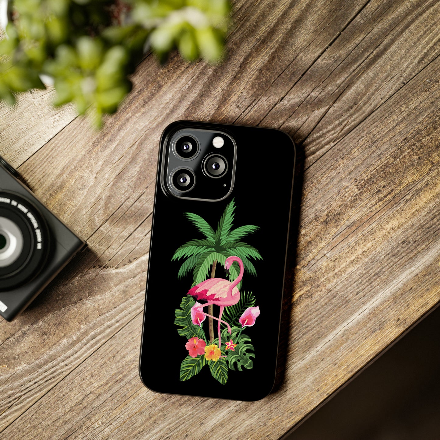 Tropical Pink Flamingo and Flowers Black Background Iphone 15-12 Slim Phone Case