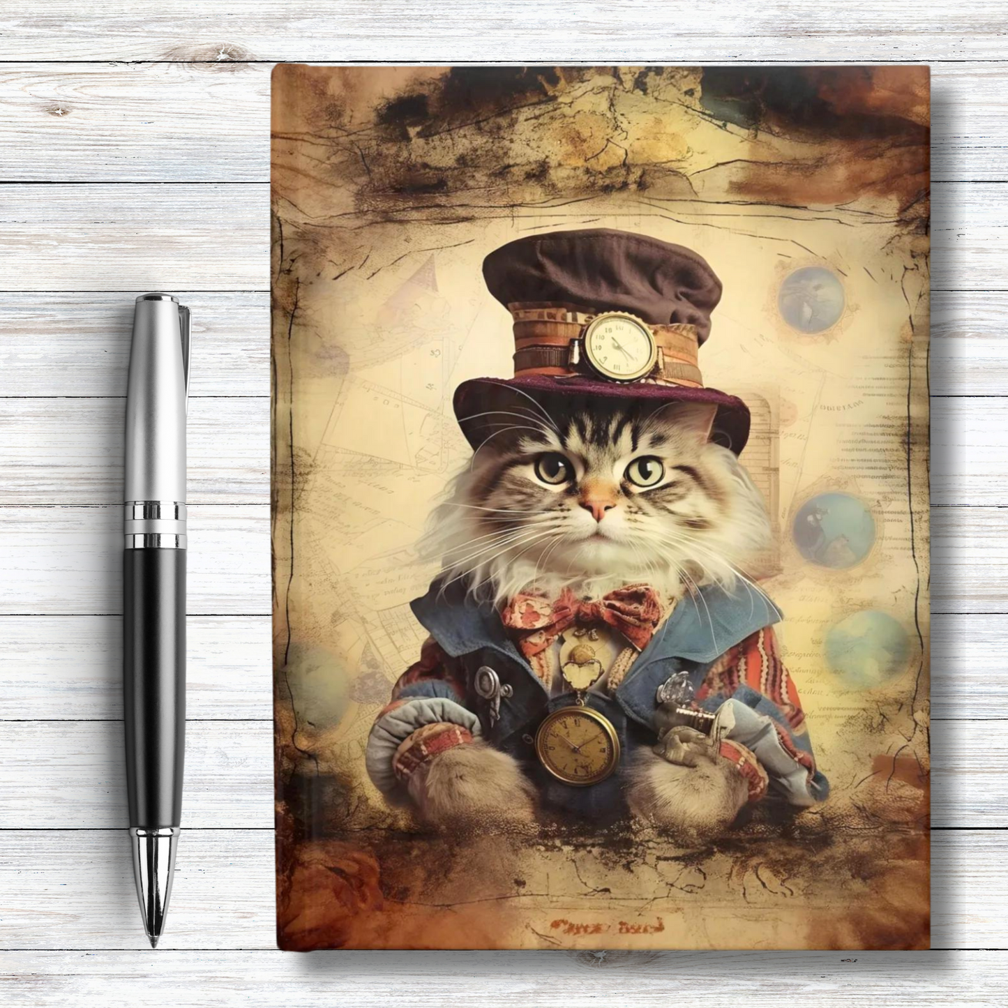 Steampunk Vintage Clothing Dressed Cat - Hardcover Ruled Line Journal 5" x 7"