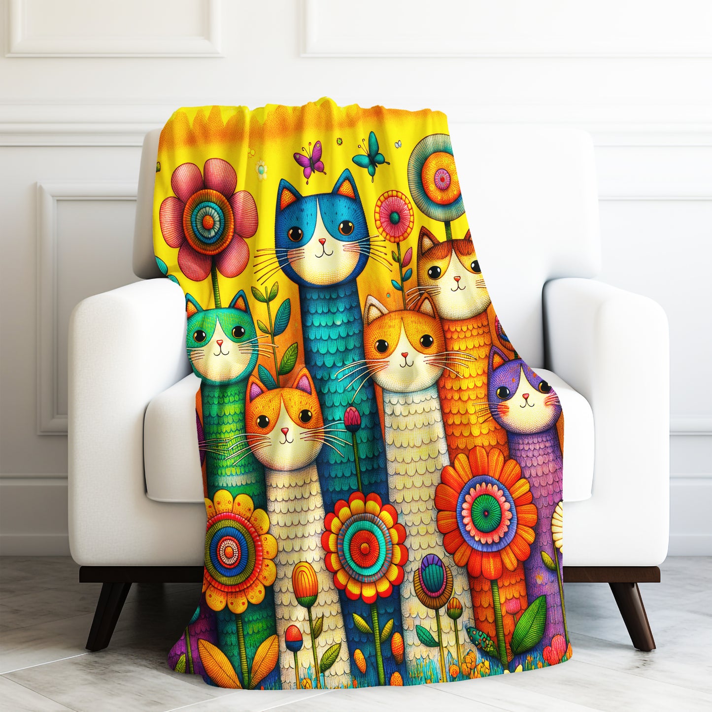 Tall Cats and Flowers Print Velveteen Plush Blanket 3 Sizes