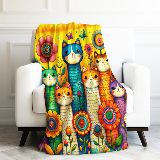 Tall Cats and Flowers Print Velveteen Plush Blanket 3 Sizes