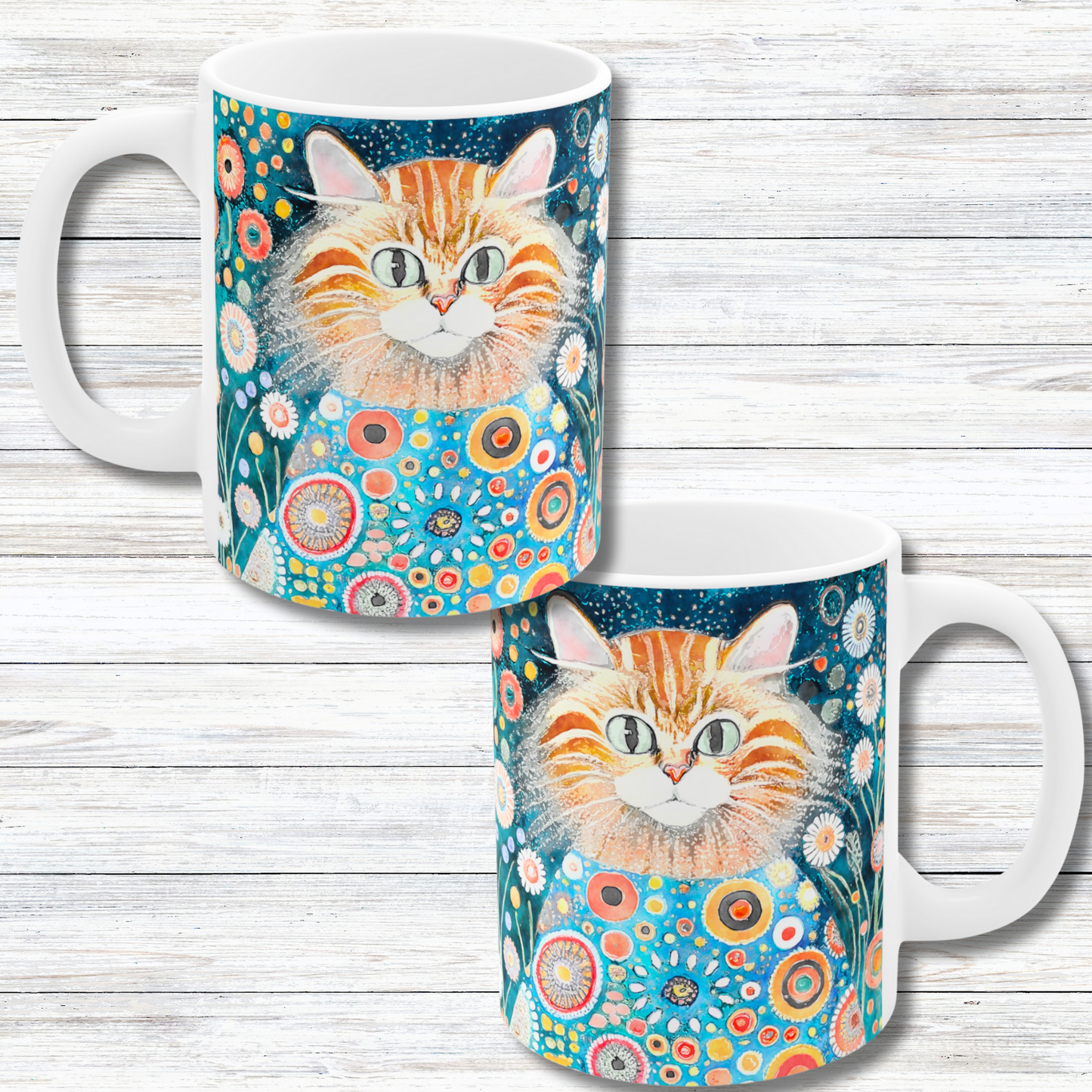 Whimsical Retro Flowers and Yellow Cat in Style of Klimt  - 11 oz Coffee