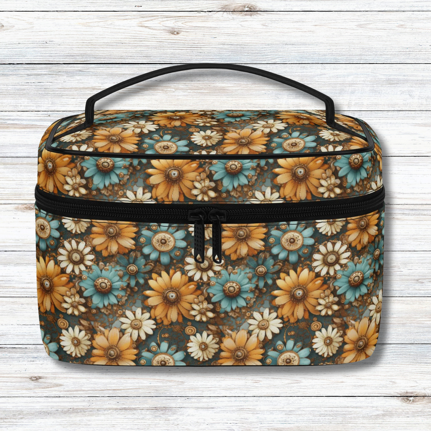 Victorian Steampunk Cream Gold and Teal Flowers with Gears - Cosmetic or Toiletry Bag Faux Leather (PU)