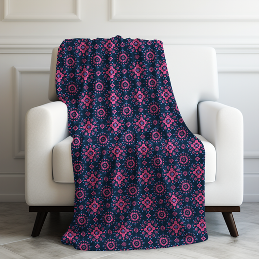 Midnight Garden in Pink and Blue Floral Mandala Pattern on Navy Velveteen Plush Blanket 3 Sizes