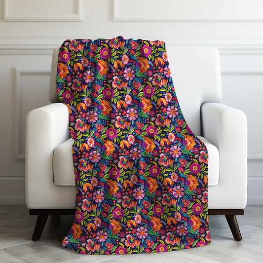 Midnight Garden: Vibrant Pink and Orange Blooms on a Dark Canvas Velveteen Plush Blanket 3 Sizes