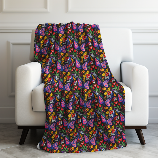 Midnight Whimsy: Hand-drawn Flowers, Butterflies, and Bursting Blooms in a Moonlit Garden Velveteen Plush Blanket 3 Sizes