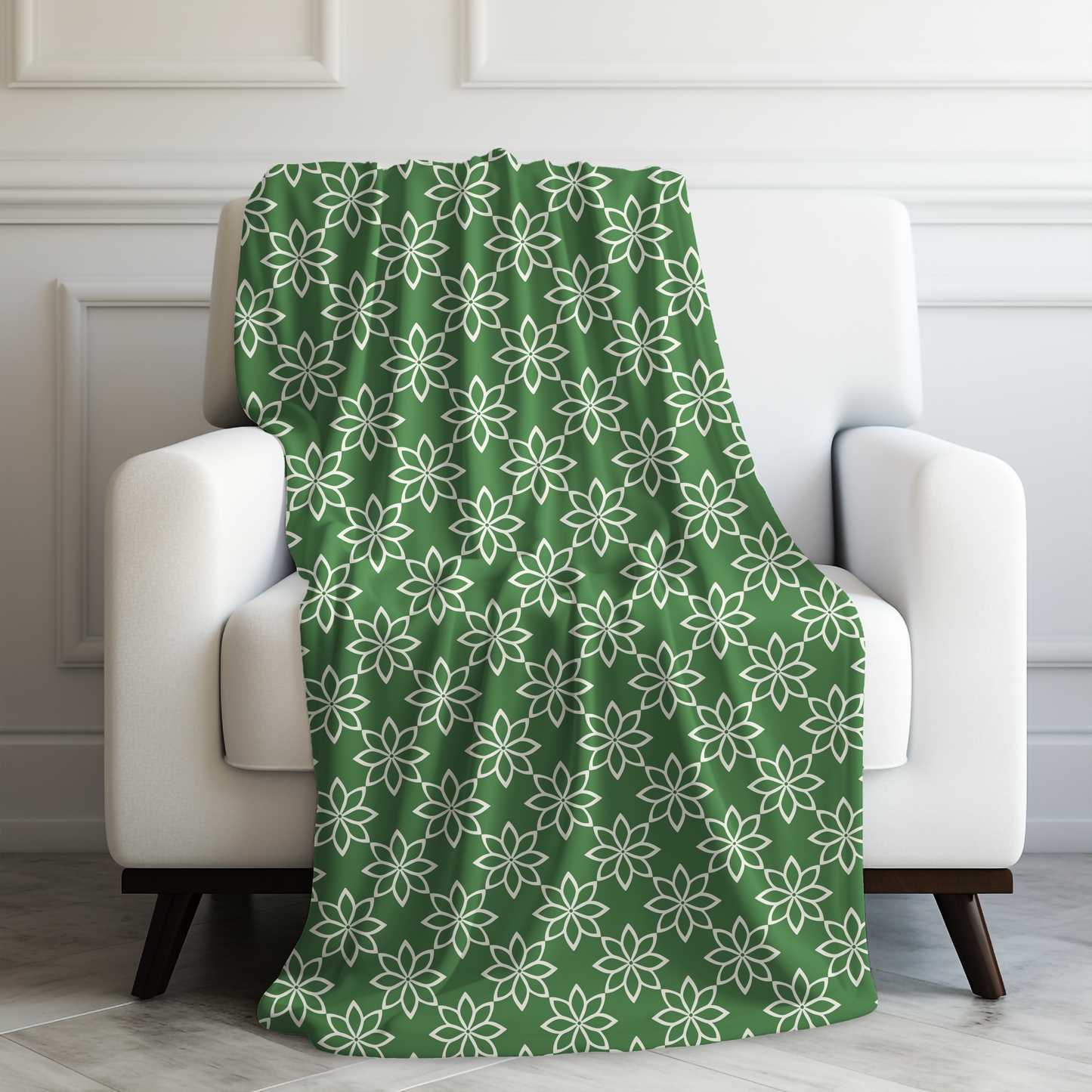 Modern Minimalist Green and White Geometric Floral Design Velveteen Plush Blanket 3 Sizes