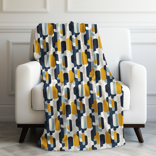 Modern Retro with Bold Geometric Pattern in Mustard and Navy Velveteen Plush Blanket 3 Sizes