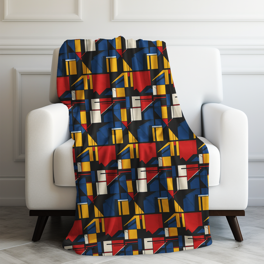 Mondrian-Inspired Bold Primary Colors and Black Lines Abstract Velveteen Plush Blanket 3 Sizes