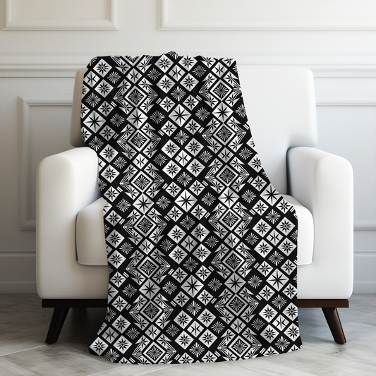 Monochrome Thai Dreamscape: Abstract Chevre Artistry Velveteen Plush Blanket 3 Sizes