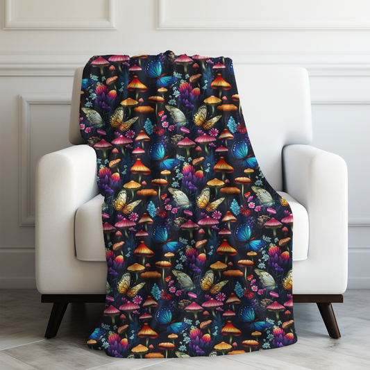 Mystical Butterflies and Mushroom Nighttime Garden Velveteen Plush Blanket 3 Sizes