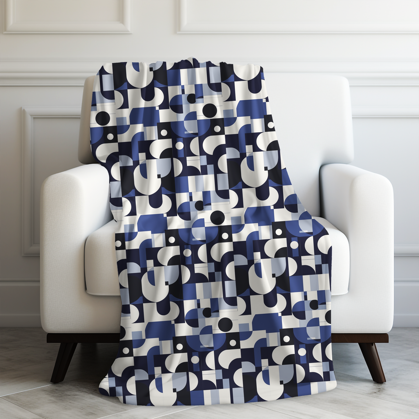 Navy Blue and White Mid-Century Modern Design Velveteen Plush Blanket 3 Sizes