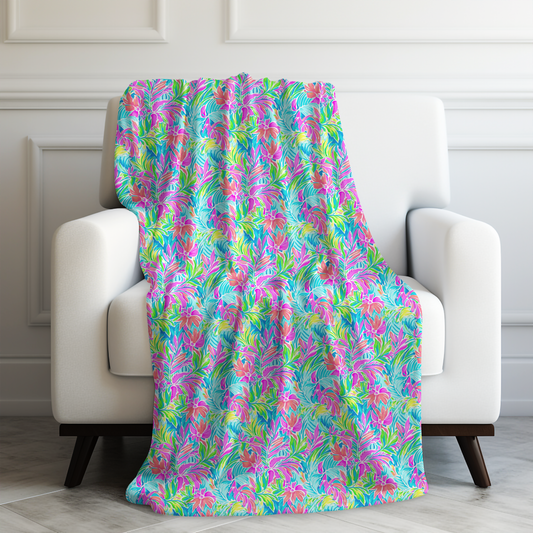 Neon Tropics: Vibrant Rainbow Flowers and Palm Leaves in Electric Splendor Velveteen Plush Blanket 3 Sizes