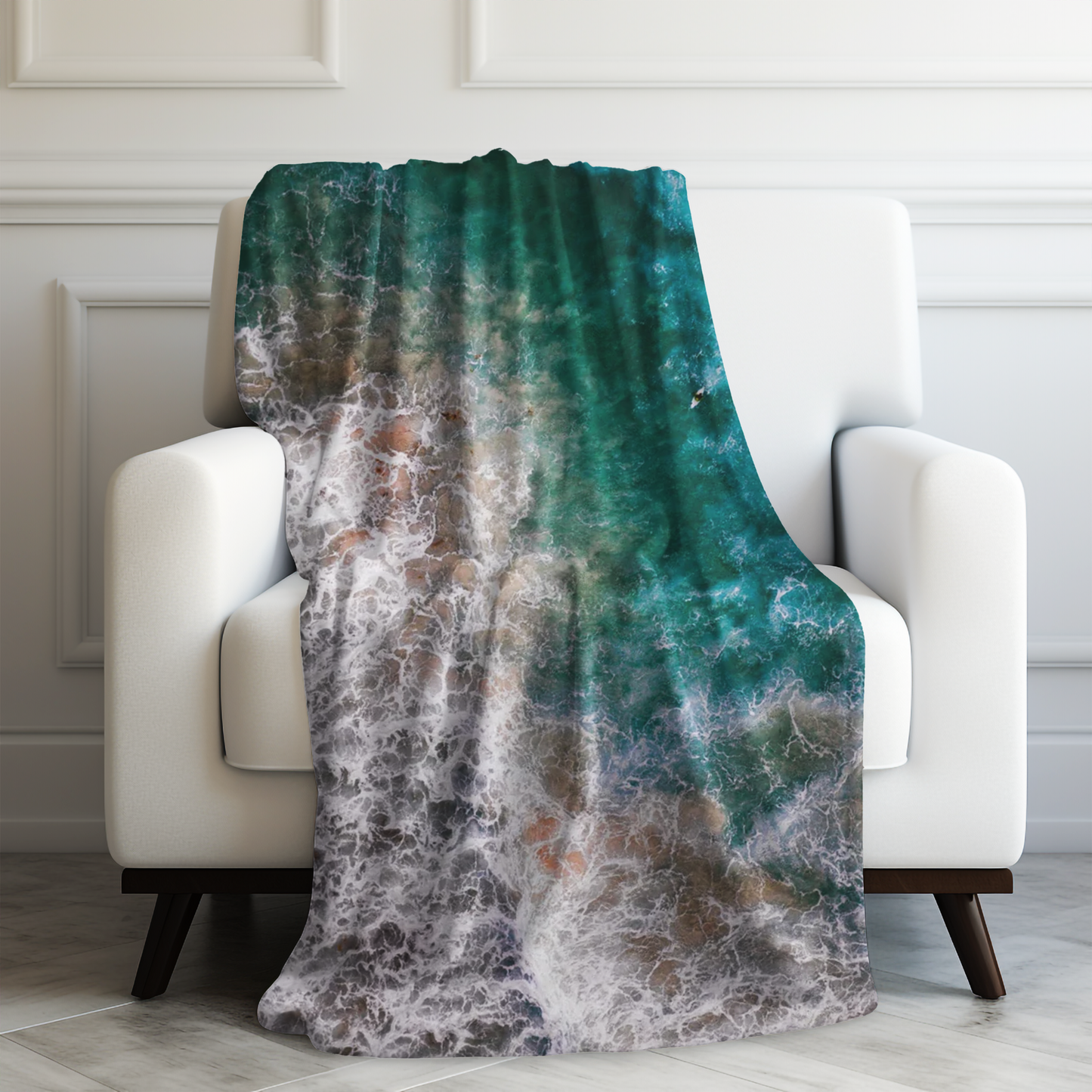 Ocean's Embrace: Deep Green Waters with White Waves Crashing onto the Beach Velveteen Plush Blanket 3 Sizes