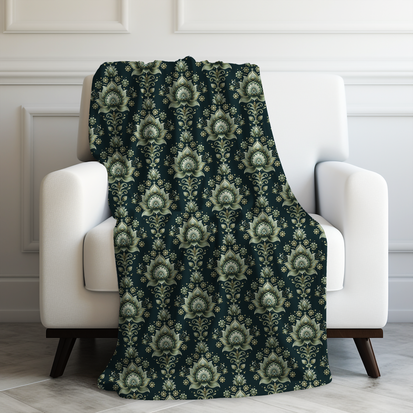 Ornate Green Mandala with Golden Accents on Dark Background Velveteen Plush Blanket 3 Sizes