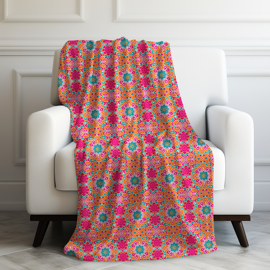 Kaleidoscope of Warm Tangerine, Lush Teal, and Lively Pink Blooms Velveteen Plush Blanket 3 Sizes