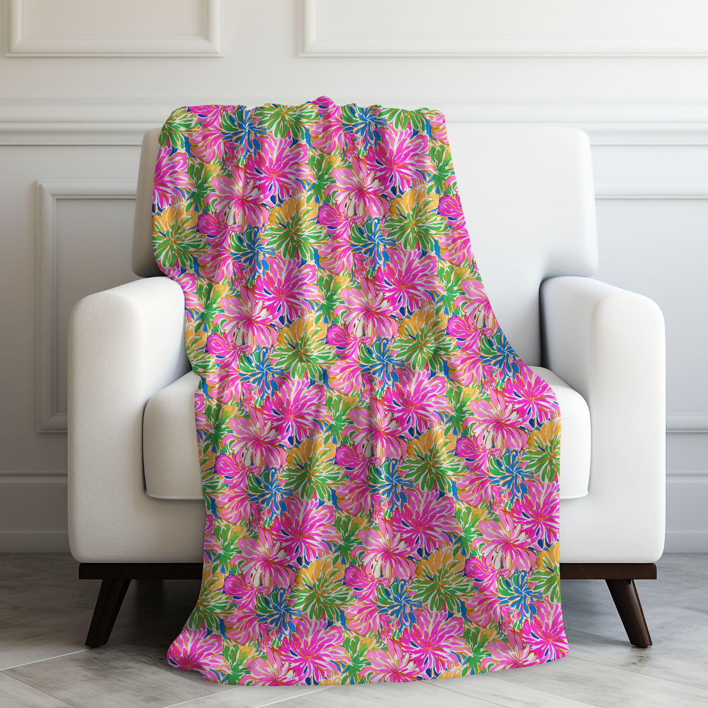 Pastel Bouquet: Large Blooms of Pink, Gold, and Blue in Watercolor Velveteen Plush Blanket 3 Sizes