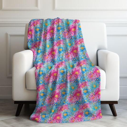 Pastel Harmony: Watercolor Chrysanthemums in Pink, Blue, and Yellow Velveteen Plush Blanket 3 Sizes