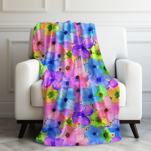 Prismatic Garden: Luminous Pink, Purple, and Blue Blossoms Velveteen Plush Blanket 3 Sizes