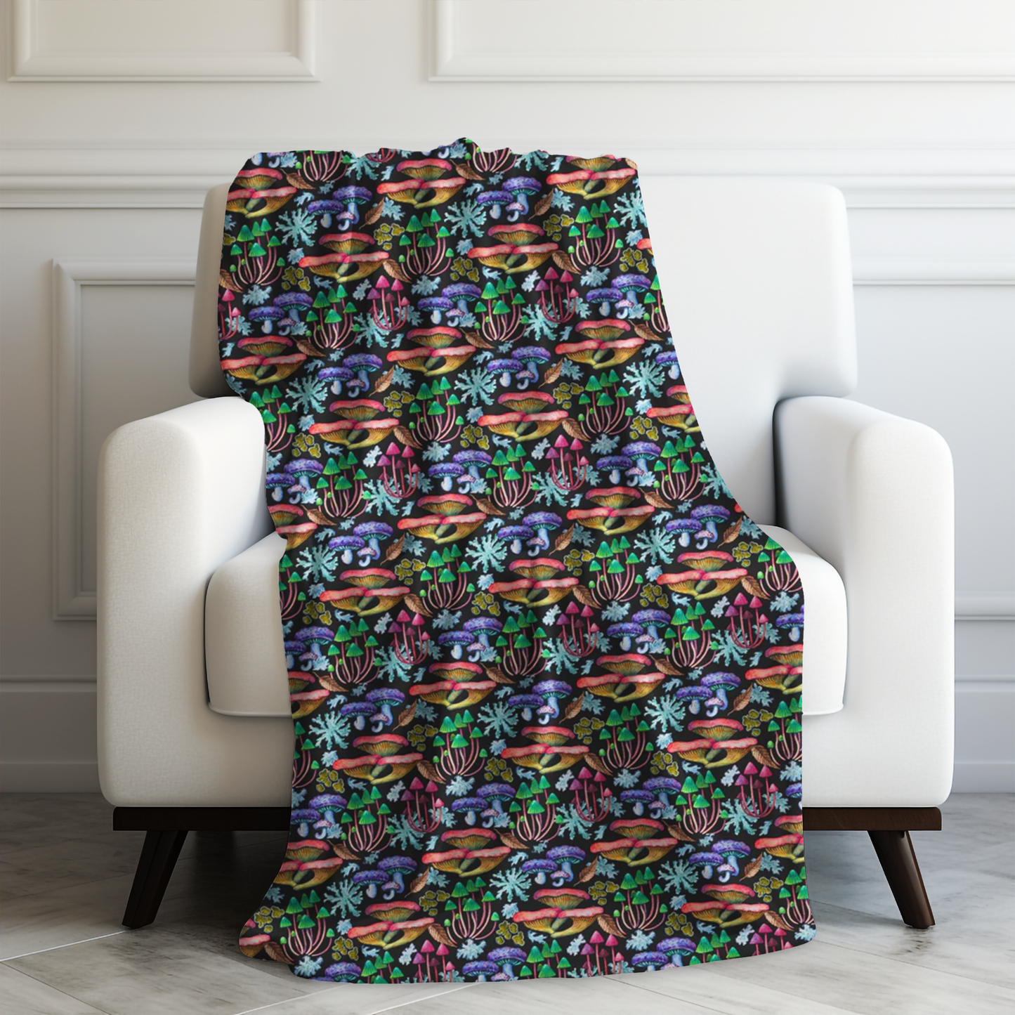 Psychedelic Mushroom Garden Vibrant Patterned Fantasy Fungi Velveteen Plush Blanket 3 Sizes