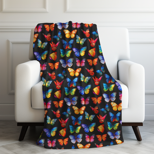 Rainbow Whirl: Butterflies in a Burst of Vibrant Colors on Black Velveteen Plush Blanket 3 Sizes