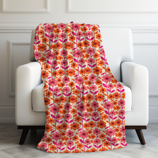 Retro Floral Bliss with Bold Pink and Orange Flower Design Velveteen Plush Blanket 3 Sizes