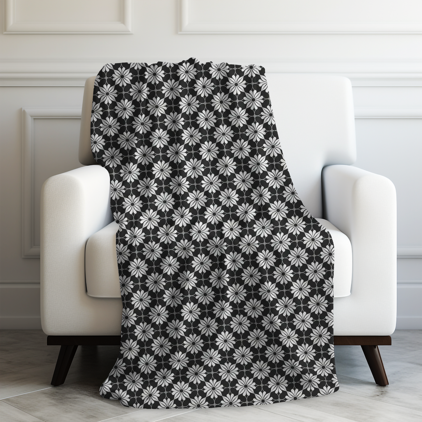 Retro Chic Monochrome Floral Geometric Flowers Velveteen Plush Blanket 3 Sizes